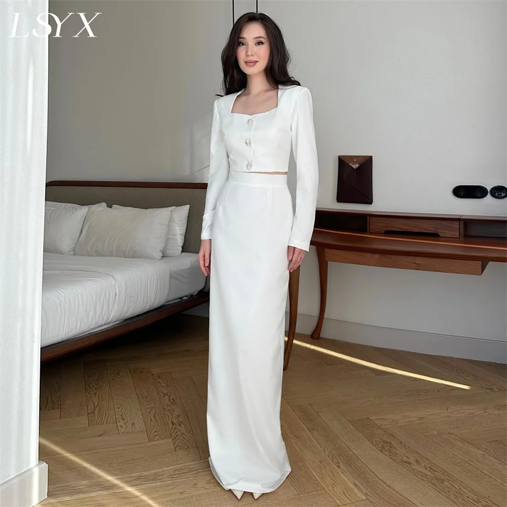 

LSYX Elegant Square Neck Long Sleeves Satin Sheath Wedding Dress Two Pieces Floor Length Zipper Back Bridal Gown Custom Made