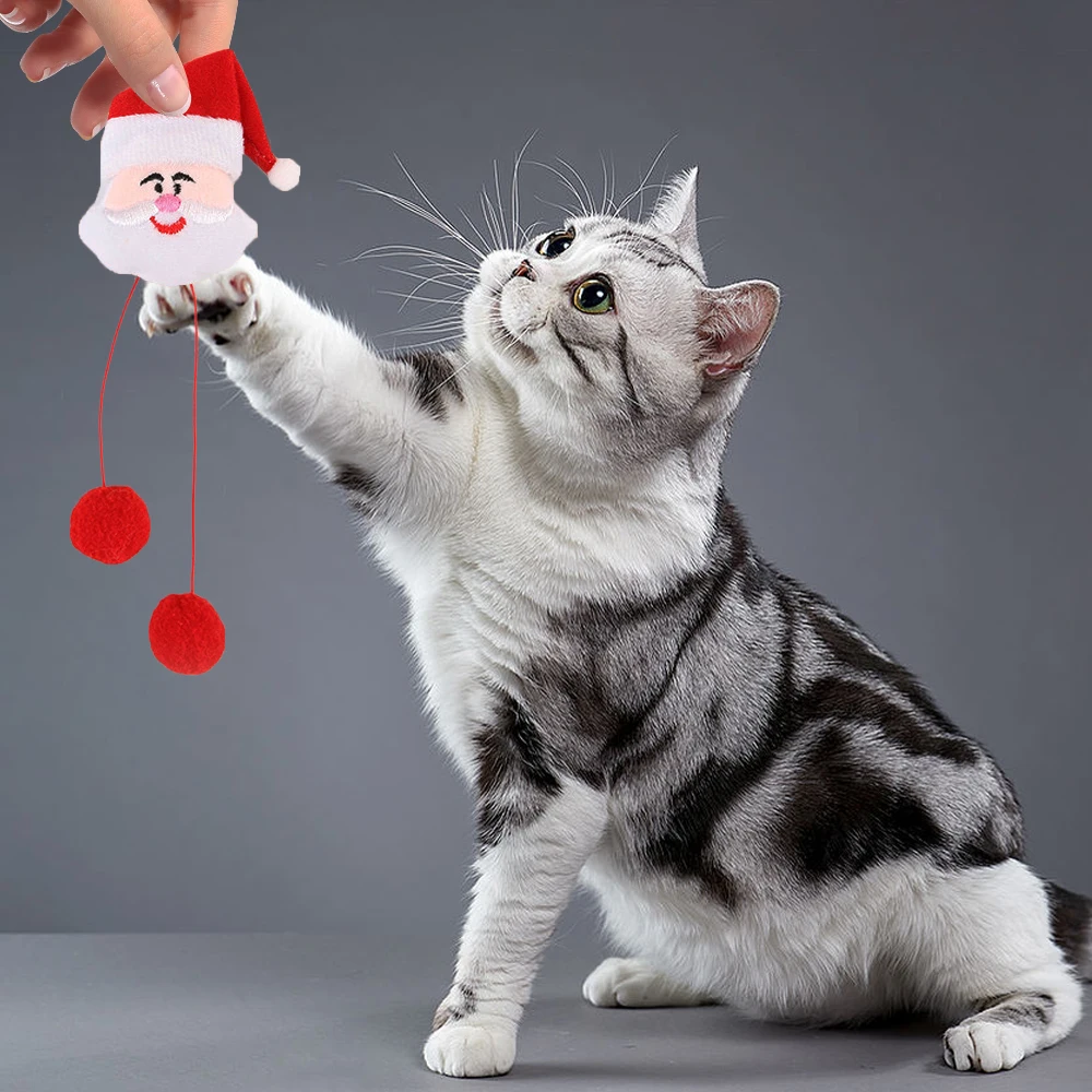 1 Pc Cute Bell Santa Claus Shape Plush Toy for Pet Cats Christmas Cat Teaser Stick Toy Self-entertaining Cat Chewing Toy Gifts