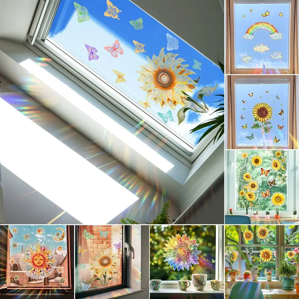 Colorful Sun Catcher Window Stickers Floral Butterfly Rainbow Prisms Sun Flower Decals Waterproof Sunlight Cloud