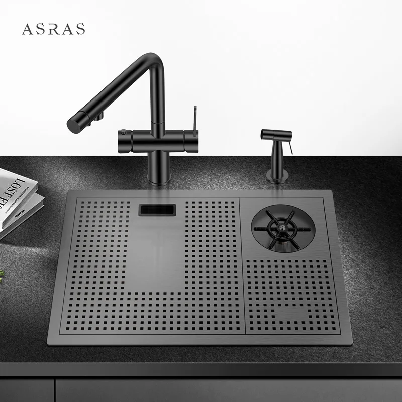 

Asras SUS304 black nano handmade kitchen sink with flusher drain and kitchen faucet-5338NX