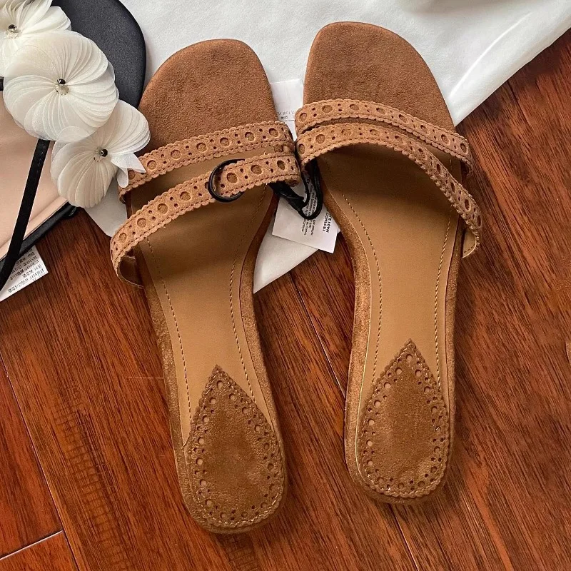 

Пляжные тапочки в стиле ретро, женская обувь, новинка 2023 года, летние повседневные крутые тапочки, замшевые шлепанцы с плоской подошвой, верхняя одежда Sandalias Mujer