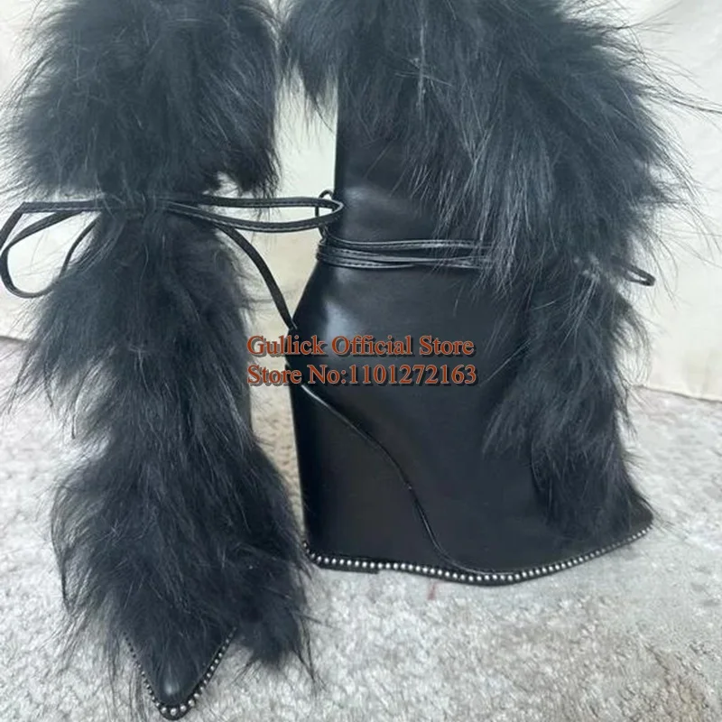 Newest Warm Fur Fringe Wedge Boots Black Suede Studded Decor Pointed Toe Lace Up Modern Runway Shoes big Size