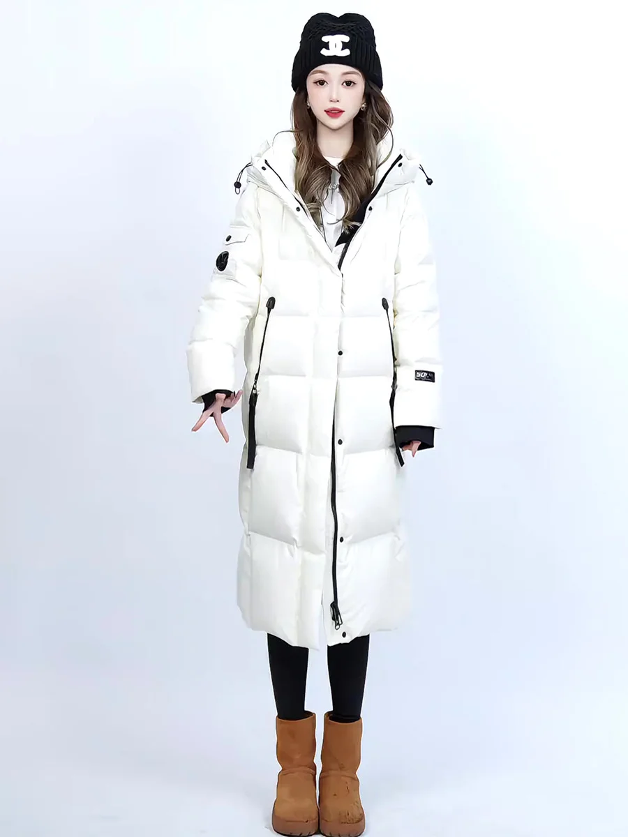 المرأة طويلة مقنعين البخاخ Jaet Bla Thi الدافئة الركبة طول معطف الشتاء عادية Sle ثلاثية الأبعاد تصميم ستيريو الأبيض Du أسفل ملء