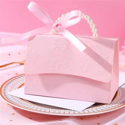 10/20Pcs Fresh Bag Shape Candy Box With Pearl Handle Wedding Sweet Favor Gift Packaging Box With Ribbon Birthday Party Supplies