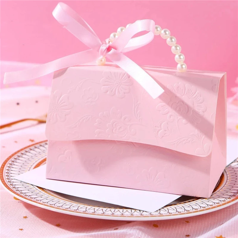 10/20Pcs Fresh Bag Shape Candy Box With Pearl Handle Wedding Sweet Favor Gift Packaging Box With Ribbon Birthday Party Supplies