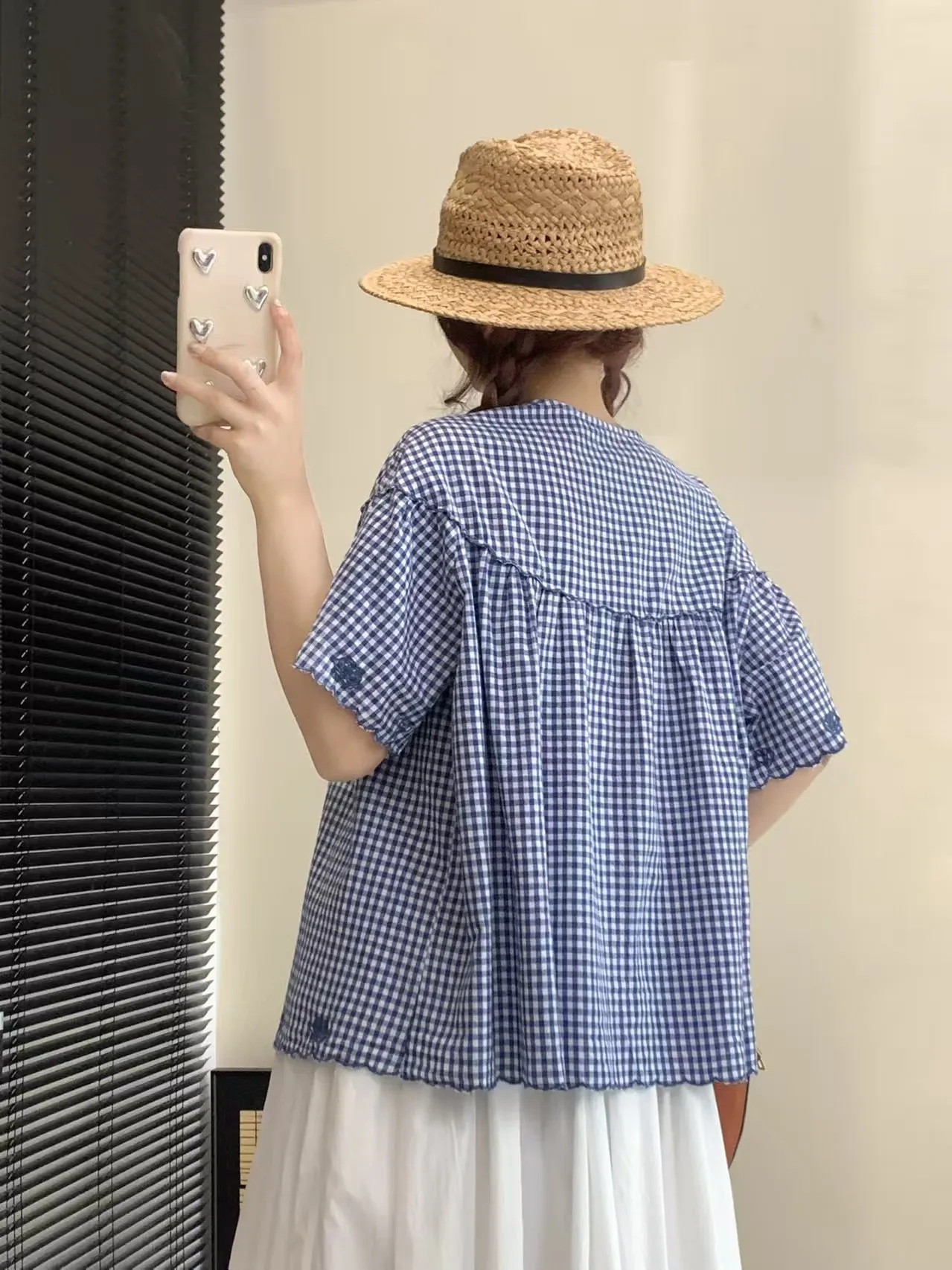 Japanese Mori Girl Style Round Neck Short Sleeve Embroidery Single-breasted Loose Sweet Versatile Plaid Shirts Tops Women Summer
