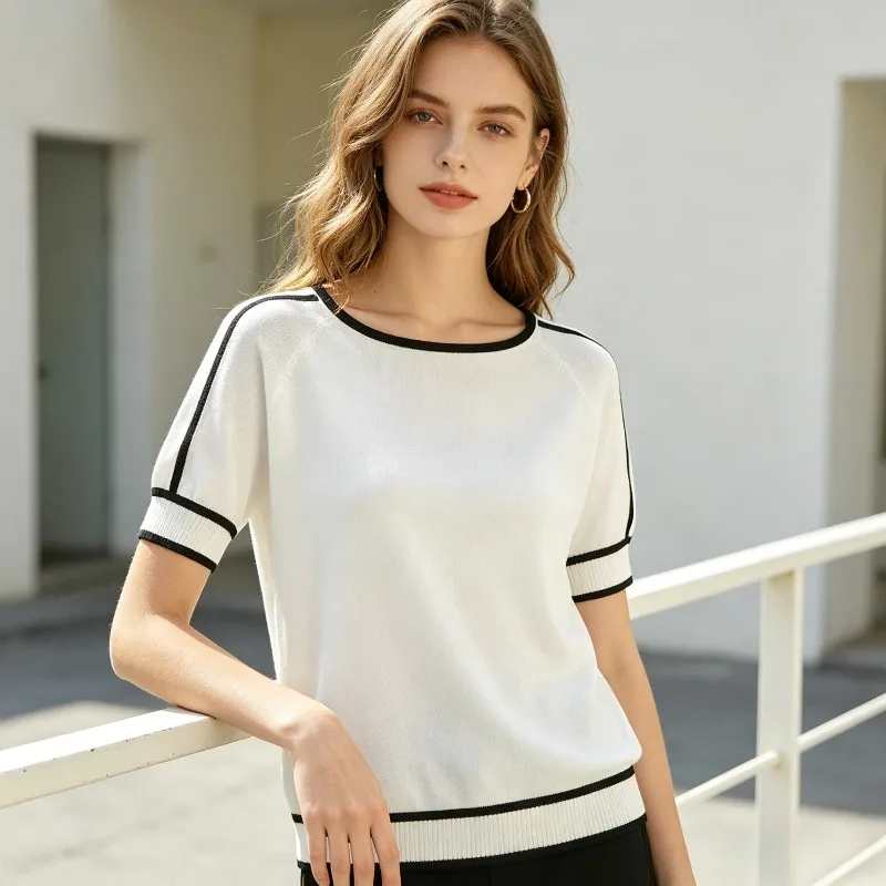 Summer O Neck Contrasting Casual Short Sleeved Knitted T-shirt Fashion Elegant Lightweight Korean Slimming Women Pullover Tops