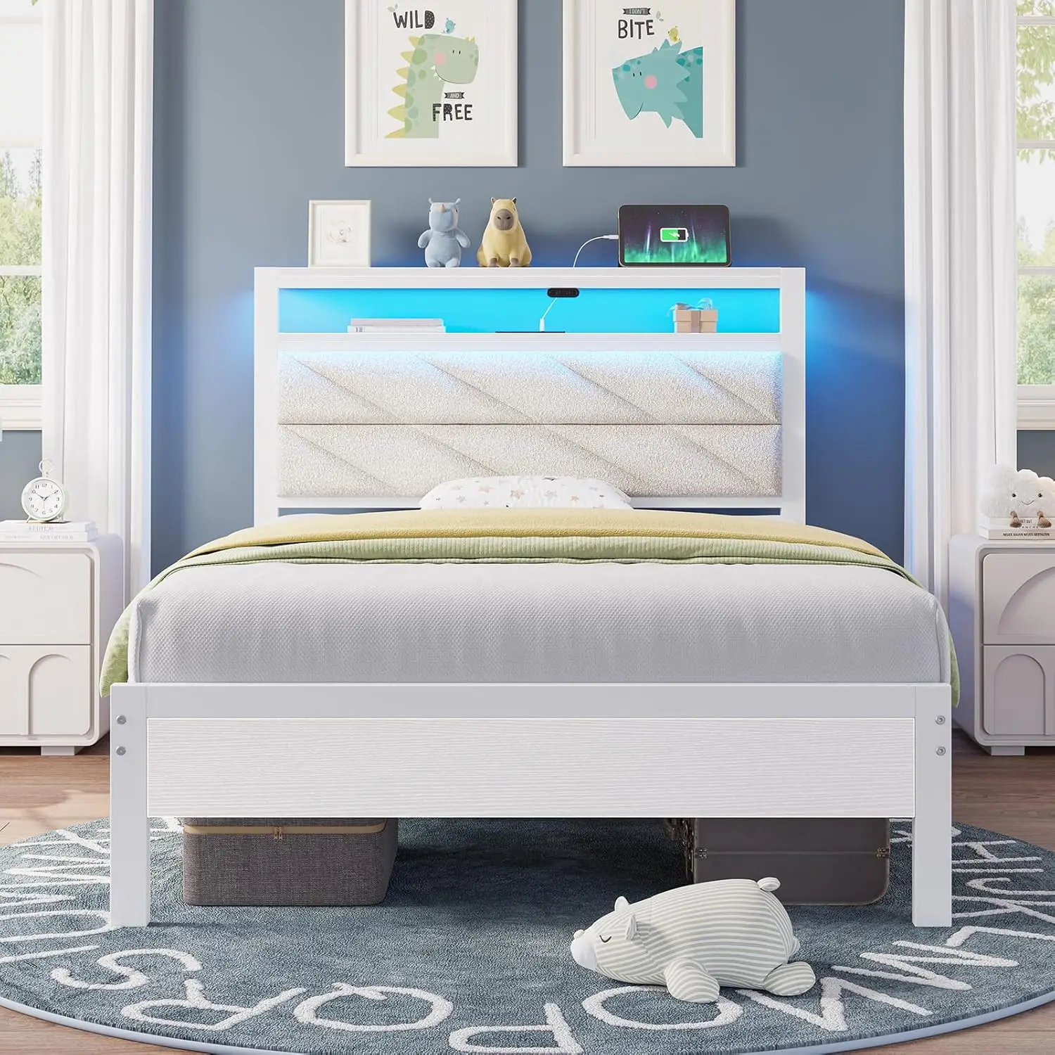 Twin Size LED Platform Bed with Charging Station, Storage Headboard, Under Bed Space, Easy Assembly, White