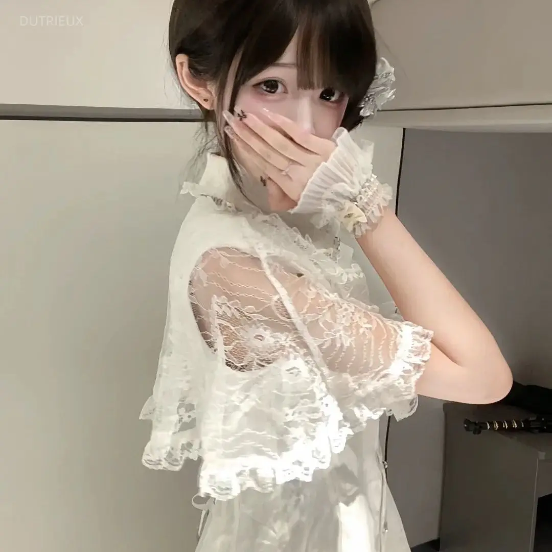Japanese Gothic Y2k Style Rhinestone Bow Dress Women Kawaii Lace Ruffles Shawl Shirts Dresses Korean Fashion Party Lolita Dress