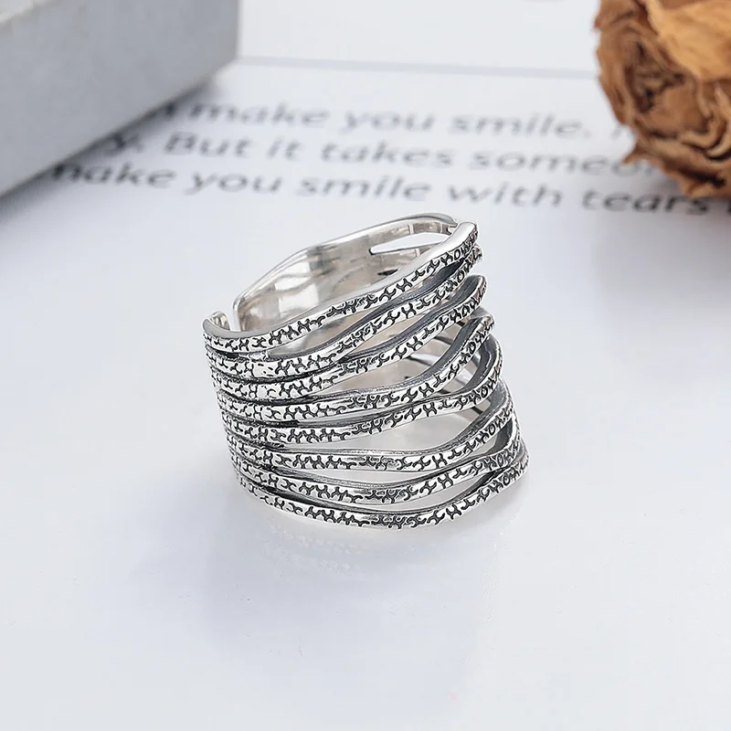 S925 silver  vintage irregular opening ring with multiple lines and personalized niche design, weight: 7.7 grams