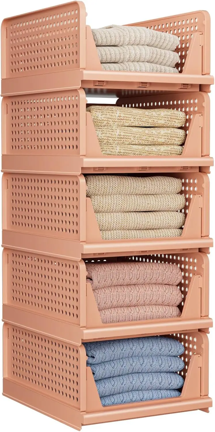 5 Pack Folding Closet Organizers Storage Box, Stackable Storage Bins, Plastic Drawer Basket Closet Storage for Wardrobe Cupboard