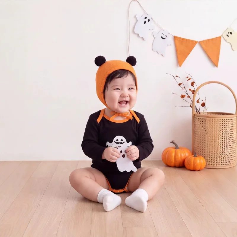 Newborn Infant Baby Halloween Ghost Romper Black Long Sleeve Bodysuit with Orange Trim and Cute Hat Costume 0 24M