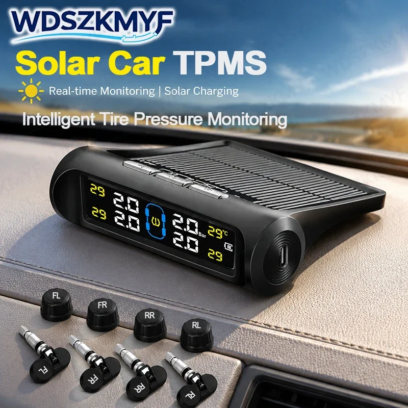 

Universal Smart Car TPMS Tyre Pressure Monitoring Digital LCD Display System 4 Sensors Auto Security Alarm Solar Charging