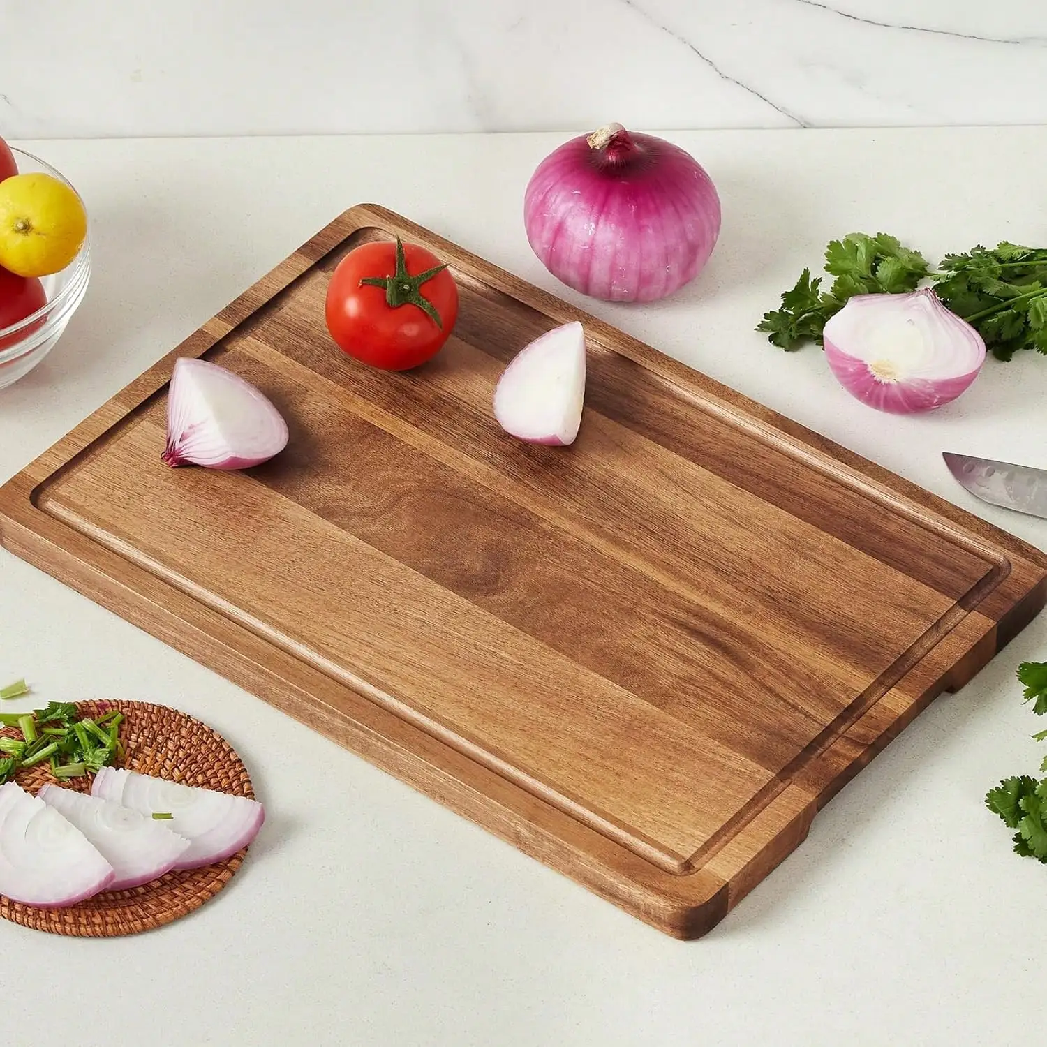 

Acacia Wood Cutting Boards For Kitchen, [18" X 12" X 1"] Medium Edge Grain Cutting Boards, Solid Wood Butcher Block Cutting Board With Juice Grooves And Handle, Knife Friendly And Reversible