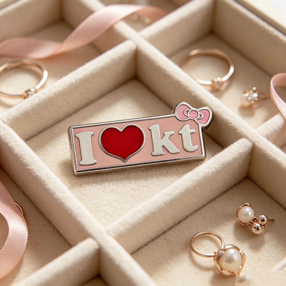Niedliche Emaille-Pins „I Love KT“-Broschen, rosa Schleife, rotes Herz, Metall-Abzeichen, Anstecknadel für Rucksack, Jeansjacke, Geschenk – Detail 11