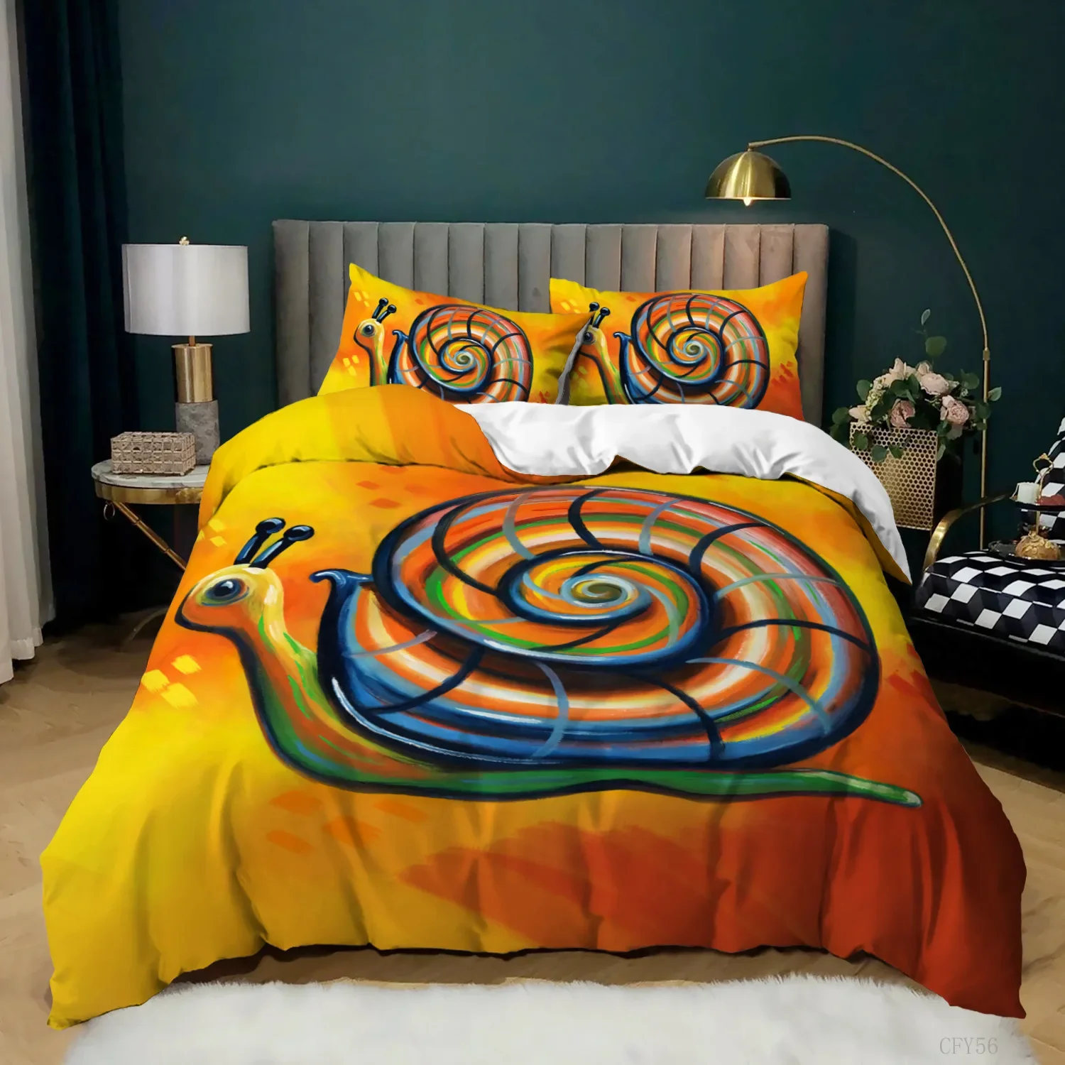 Snail Duvet Cover King/Queen Size,cute Reptile Shelled Mollusk Bedding Set for Kids Girls Boys,purple Animal Flowers Quilt Cover