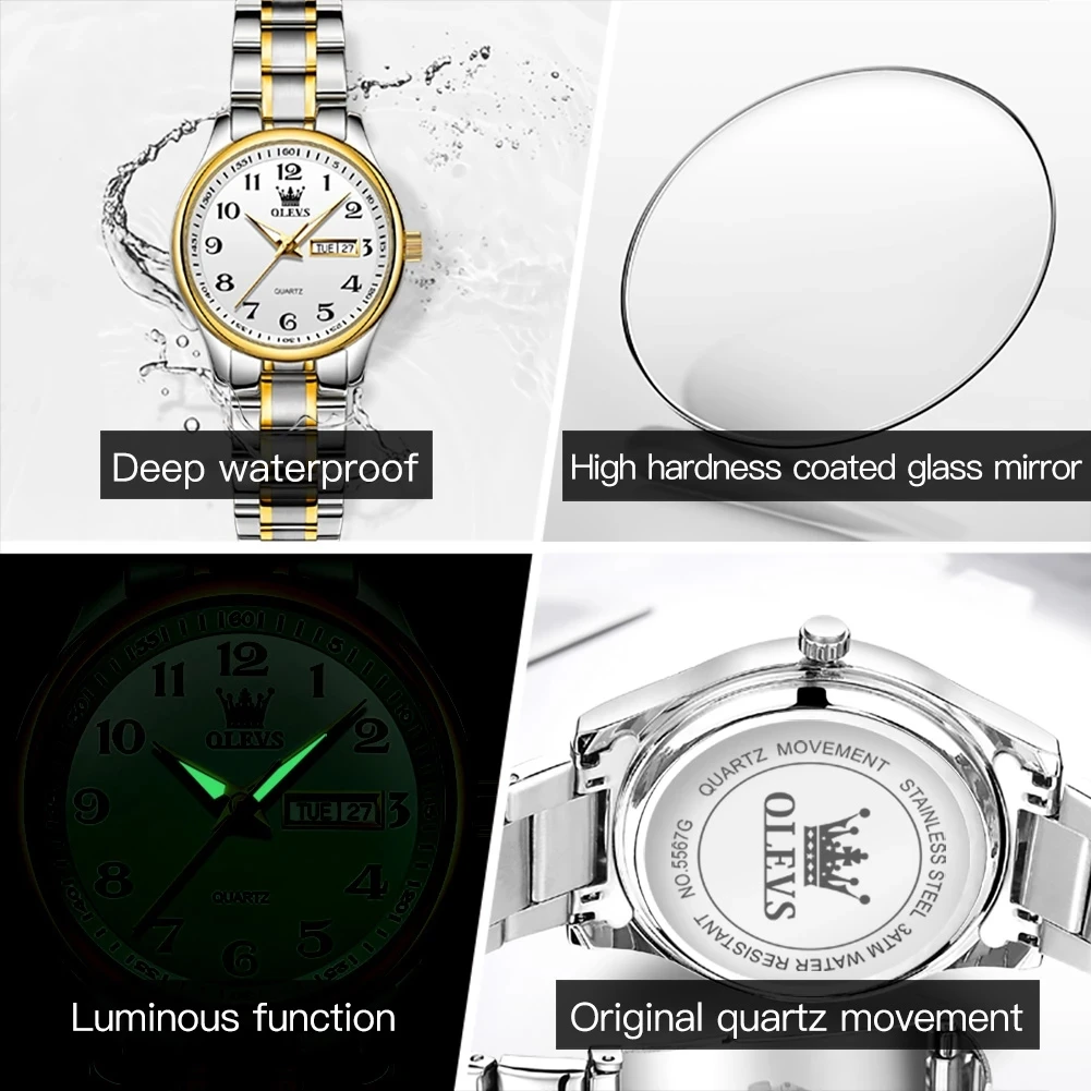 OLEVS-Montre à Quartz de Luxe pour Femme, Élégante, en Acier Inoxydable, Étanche, avec Bracelet, Semaine et Date