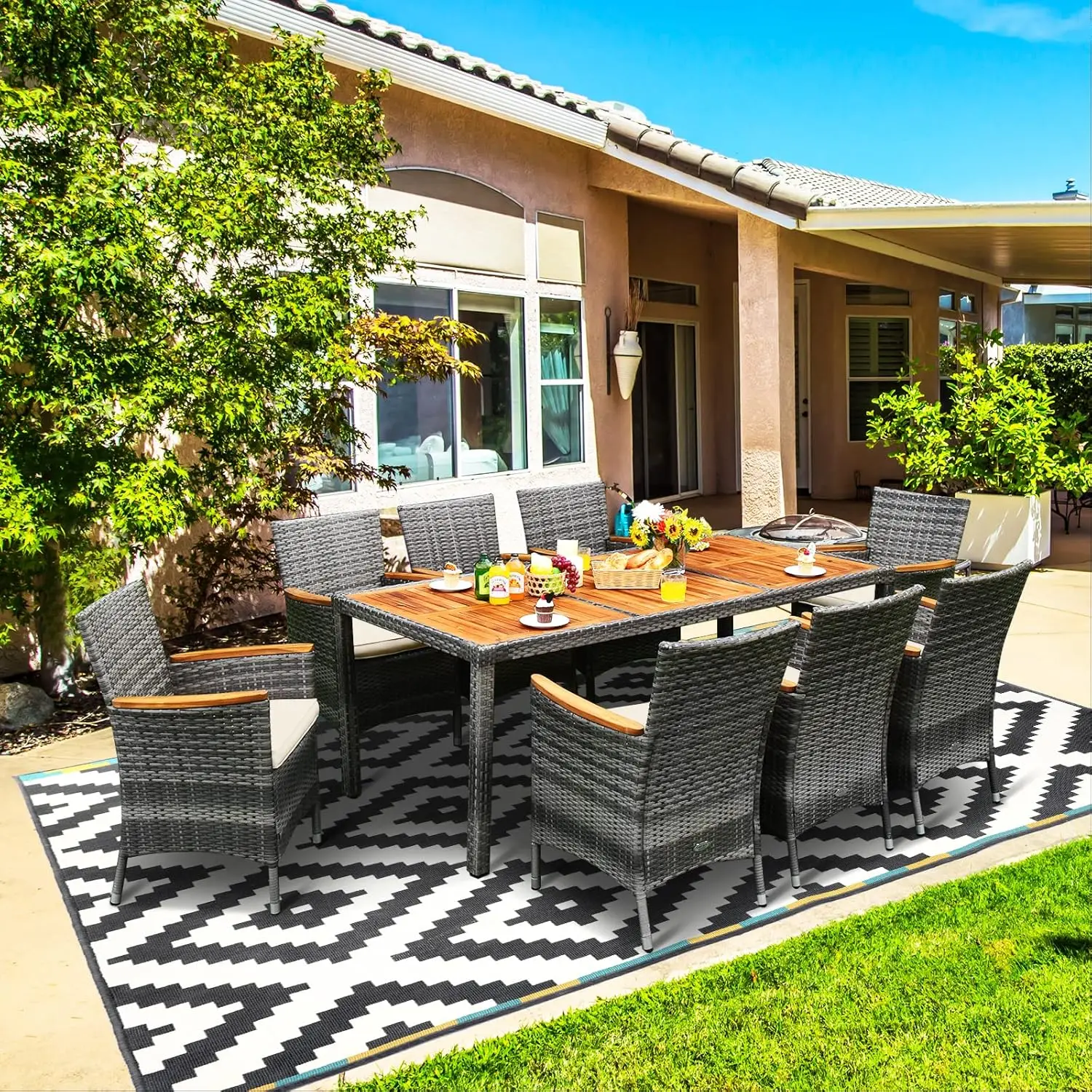 

9 Pieces Patio Dining Set Garden Acacia Wood and Wicker Furniture Set with 1 Rectangular Table 8 Chairs with Cushions