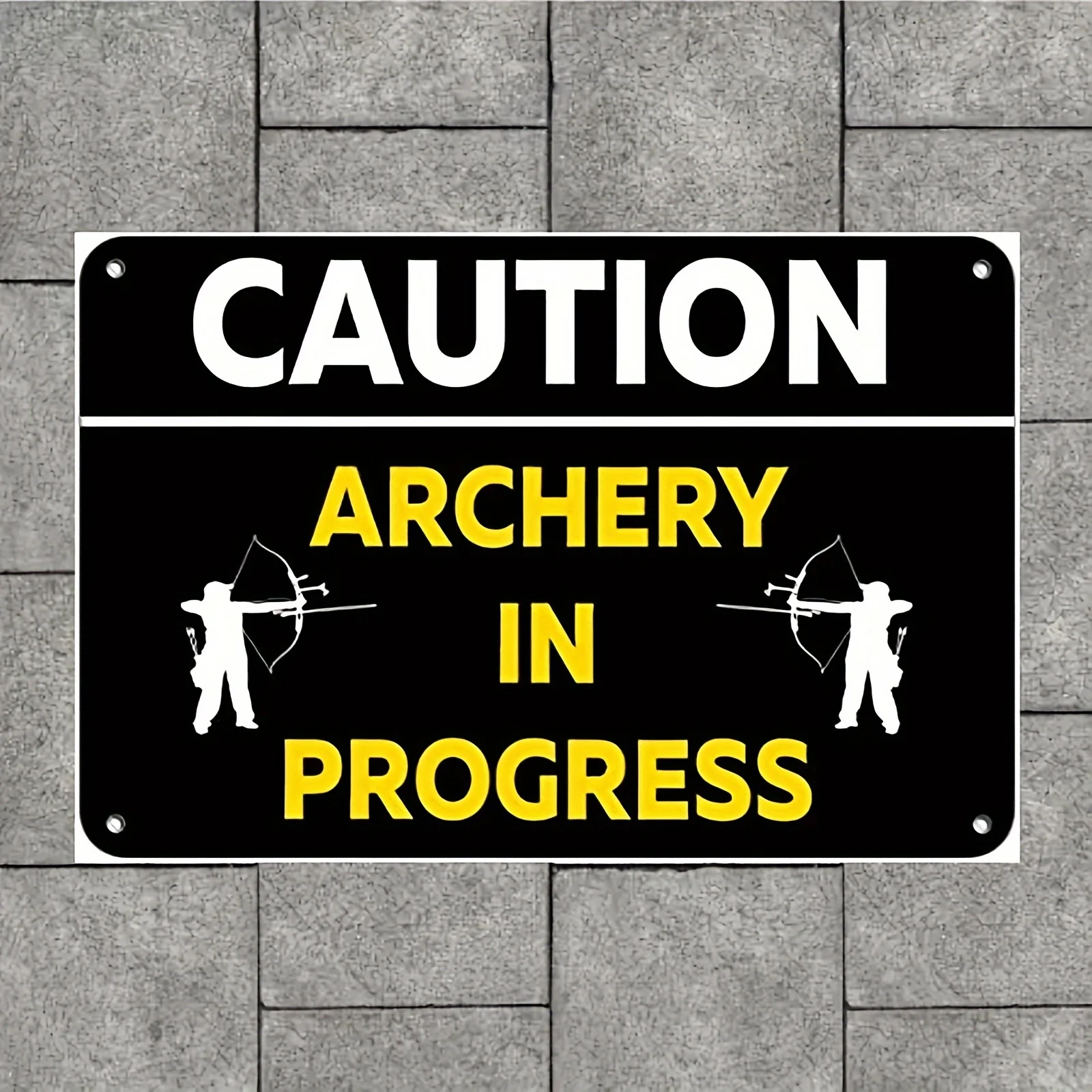 2D Metal Sign No Frame 1PCS Archery In Progress Warning Decoration Black Yellow Vintage Wall Mount for Camping Outdoor Range Saf