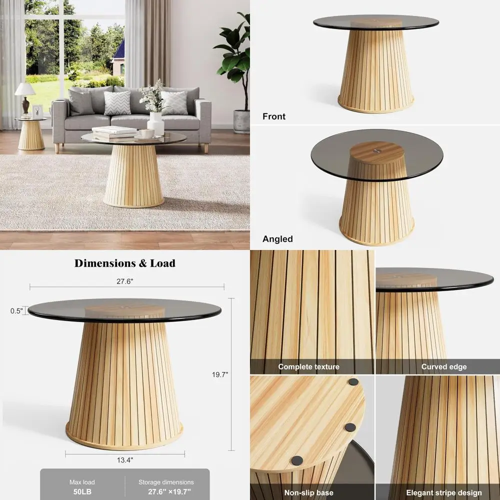 

Farmhouse Style Round Coffee Table with Glass Top for Living Room, Natural Finish Accent Table with Fluted Sides and Modern Tamb