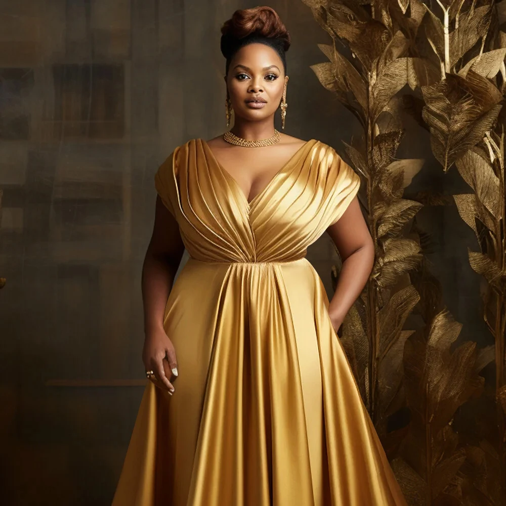 

Plus Size Formal Evening Satin Dress Elegant Tierred V-Neck Sleeveless Gold Luxury High Waist A-Line Party Wedding Maxi Dresses