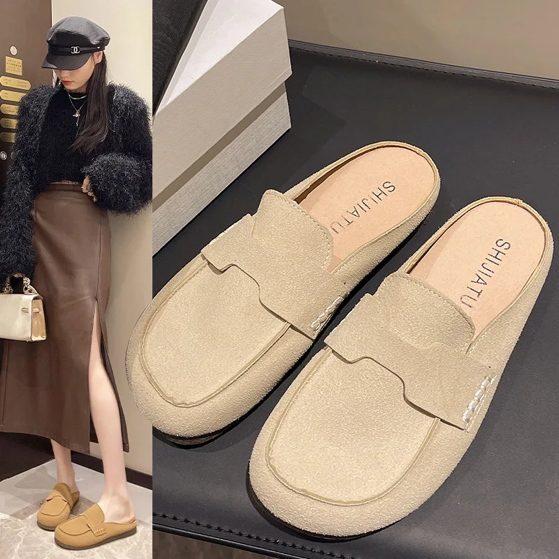 Loafers Flock Slippers Soft Big Size Female Shoes Low Square Toe Slides Comfort 2024 PU Casual Hoof Heels Retro Rubber Fabric