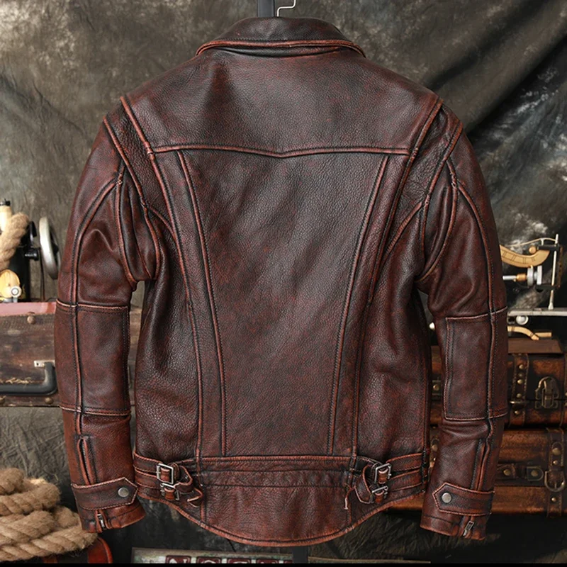 2023 New Pilot Leather Jacket Men's Slim Lapel High Quality Retro Motorcycle Leather Jacket Fashionable Old Classic