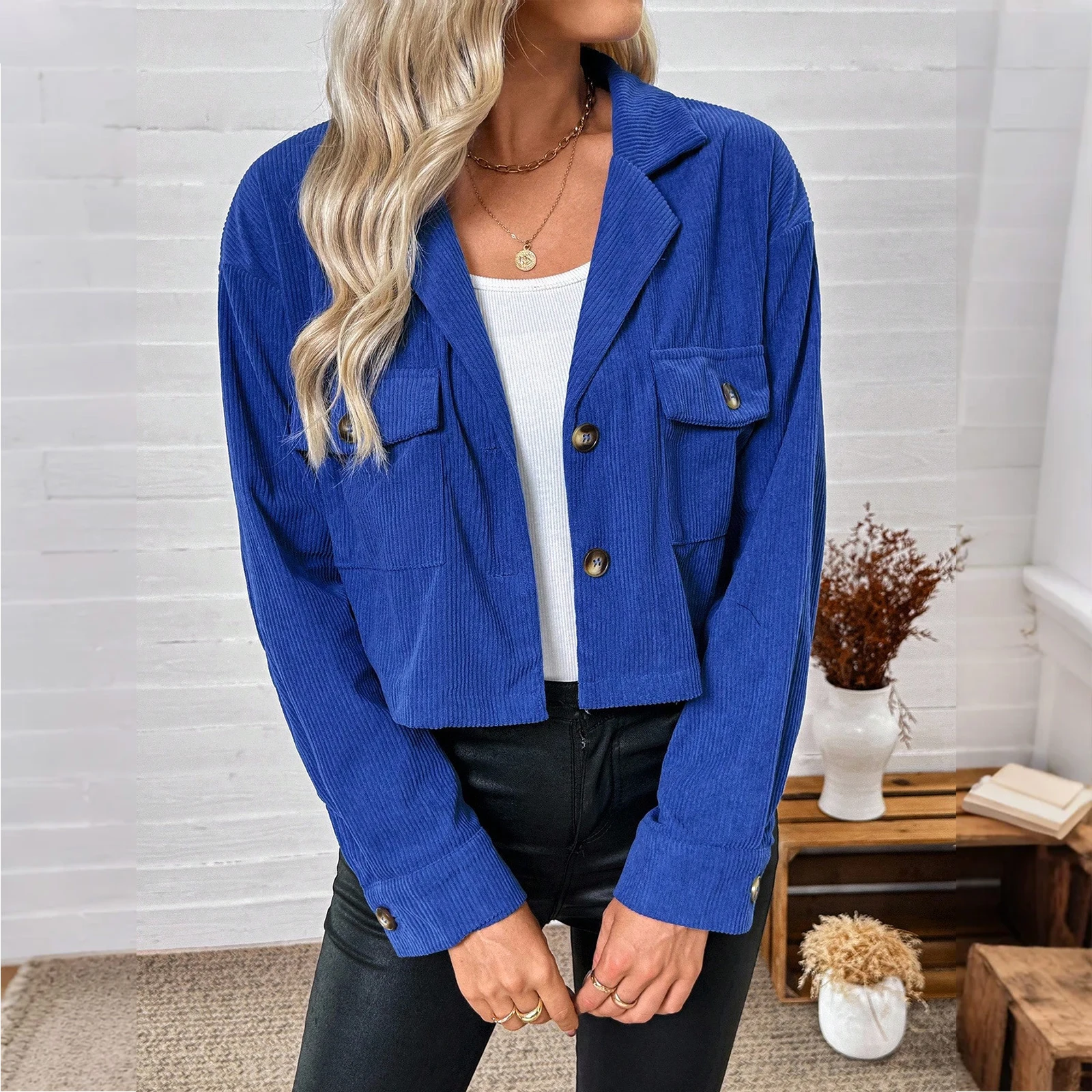 

Женская повседневная однотонная короткая куртка с длинными рукавами, новый стиль, свободный вельветовый топ, модная короткая куртка, осенне-зимняя верхняя одежда