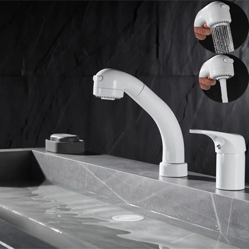 

Two Hole Lavatory Basin Faucet Single Handle Hot And Cold Mixer Faucet 360° Rotation 2 Modes Bathroom Pull Down Tap White