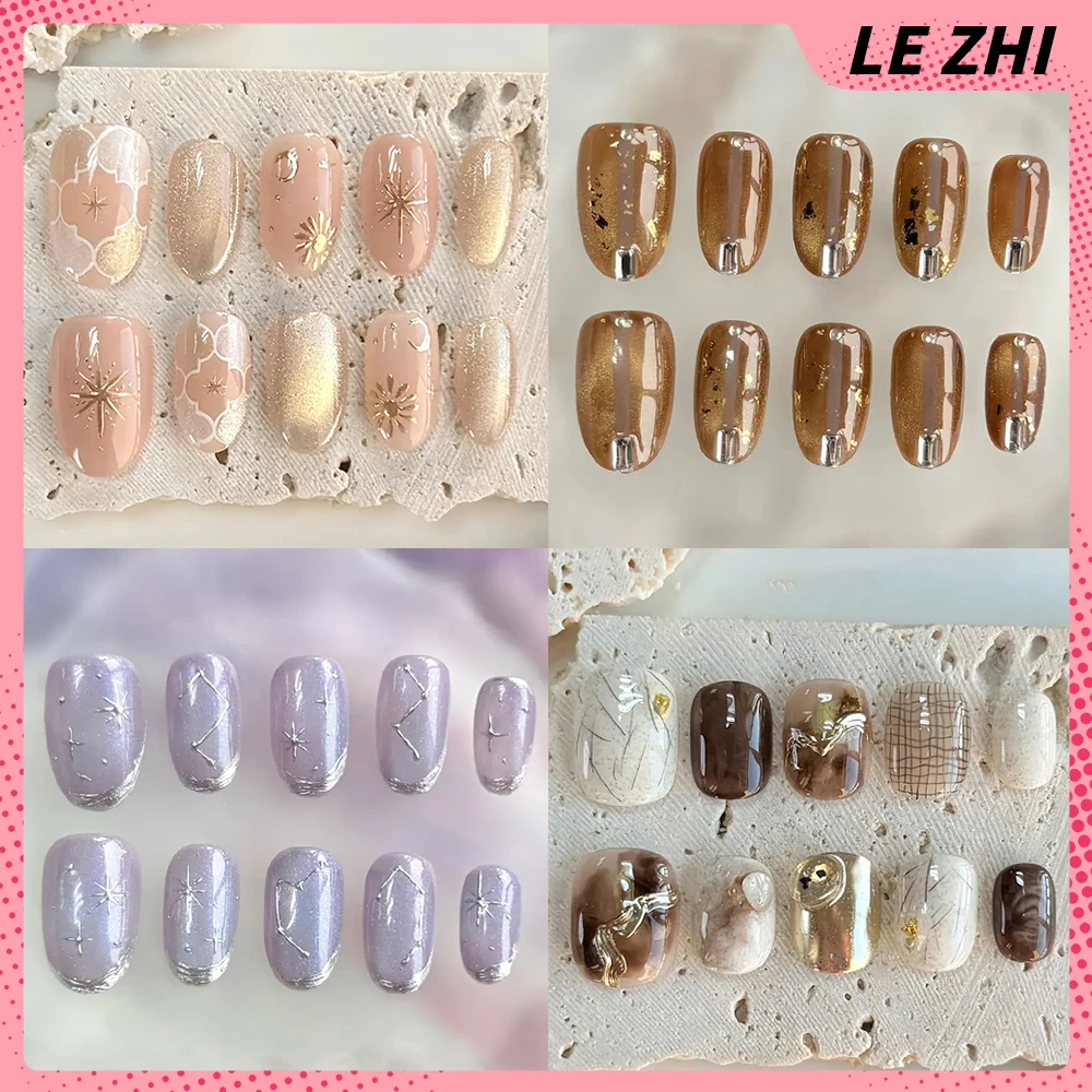 

Vintage Maillard Short Square Round Handmade Removable Press On Nail Hand Drawn Flower Bowknot Cat Eyes Pearl Nail Party Sticker