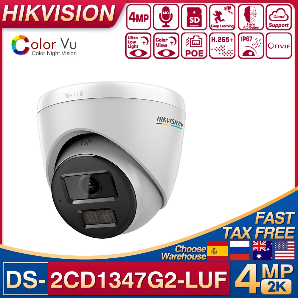 Original Hikvision 4MP ColorVu IP Camera DS-2CD1347G2-LUF IP67 POE Human Detection Built-in Mic Fixed Bullet Network Camera