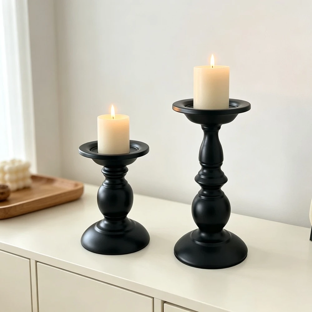 Vintage Iron Pillar Candlestick Black Metal Candle Holder Elegant Desktop Ornament for Party Bedroom Indoor Home Decor