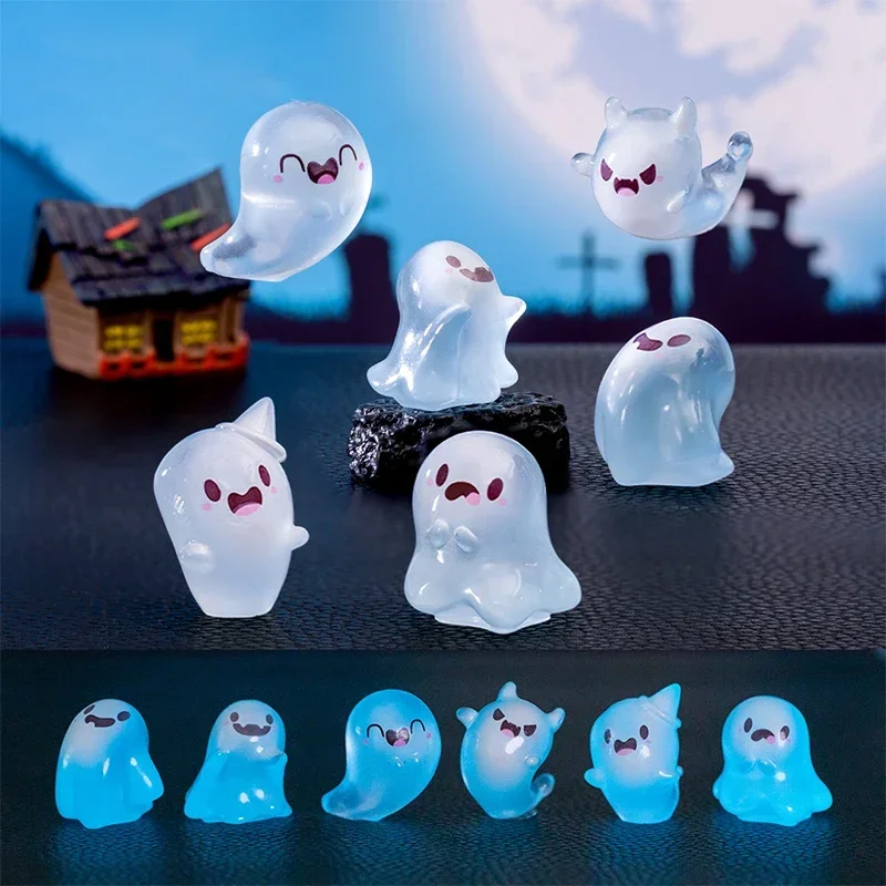 Mini muñecas fantasmas de Halloween que brillan en la oscuridad, adornos de Micro paisaje de musgo, decoración de escritorio DIY, artesanías de resina Kawaii