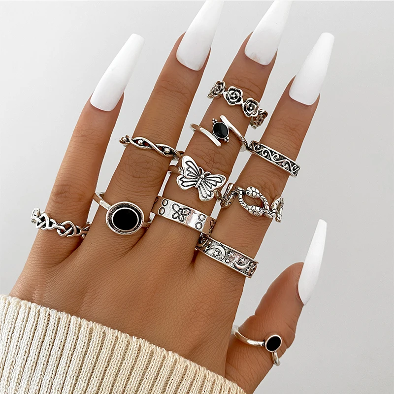 Vintage Hollow Heart Butterfly Rings Set For Women Metal Silver Color Geometric Spiral Shape Ring 22pcs Set 2024 Trendy Jewelry