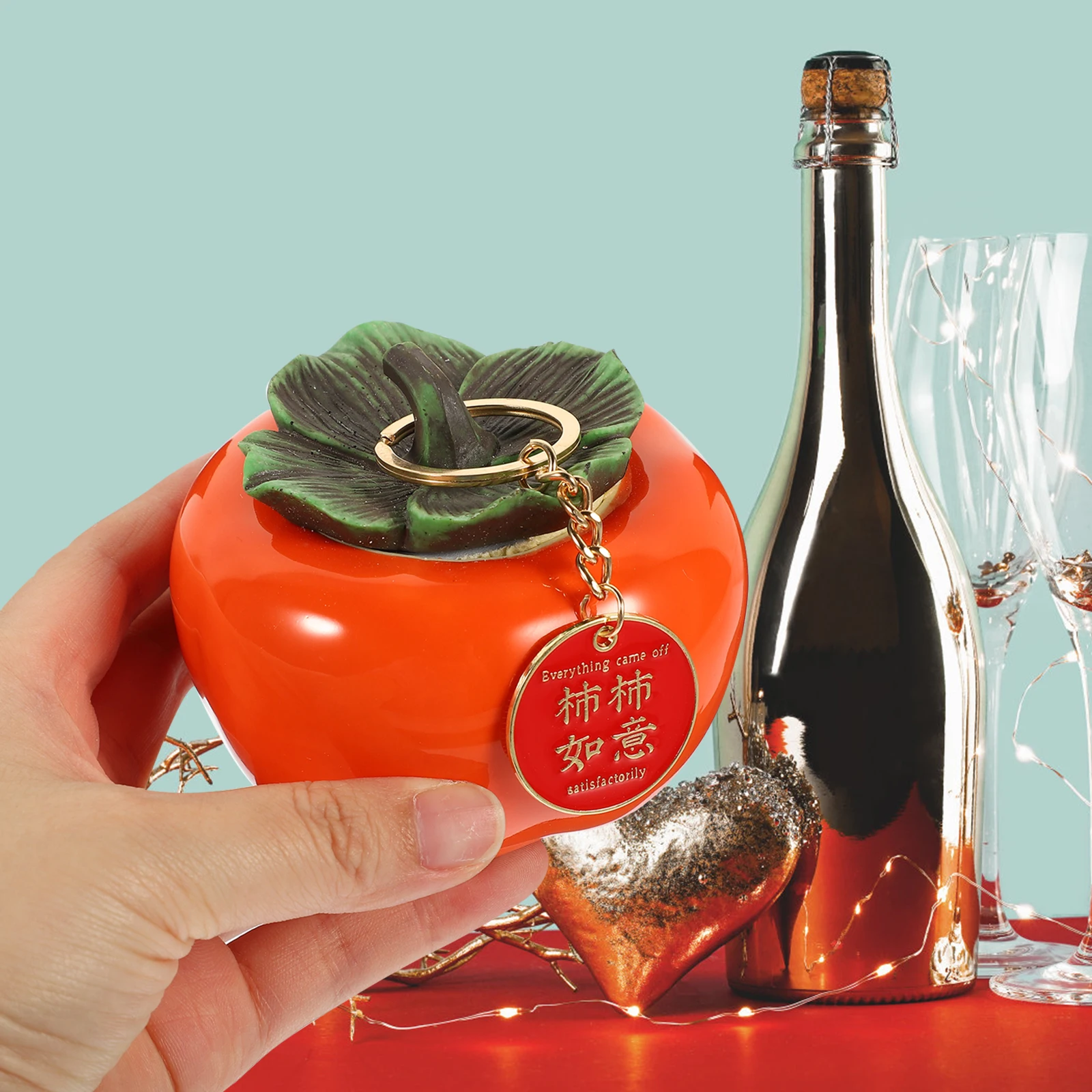 

Vivid Cartoon Persimmon Decor Strong Ceramic Alloy Material New Year Festival Decoration Desktop Storage Jar for Small Snacks