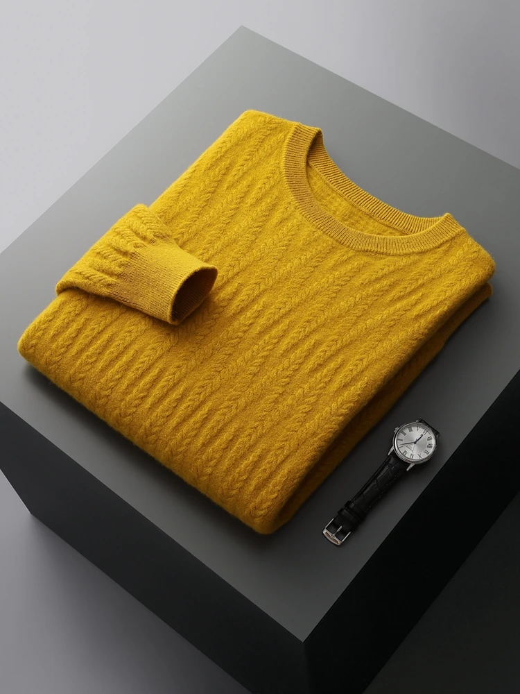 ADDONEE Autumn Winter Men Cashmere Sweater Cable Knit O-neck Thick Pullover 100% Merino Wool Knitwear Soft Warm Clothing Tops