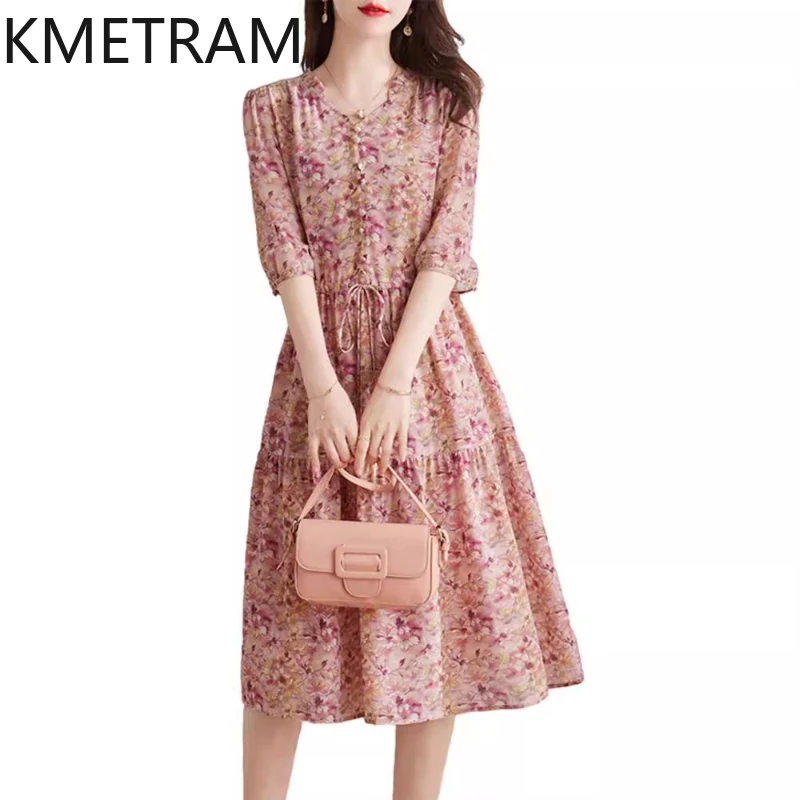 

KMETRAM 100% Mulberry Silk Dresses 2024 Women Summer Elegant Dress New in Party Long Dresses Womans Clothing V-Neck 여성여름원피스