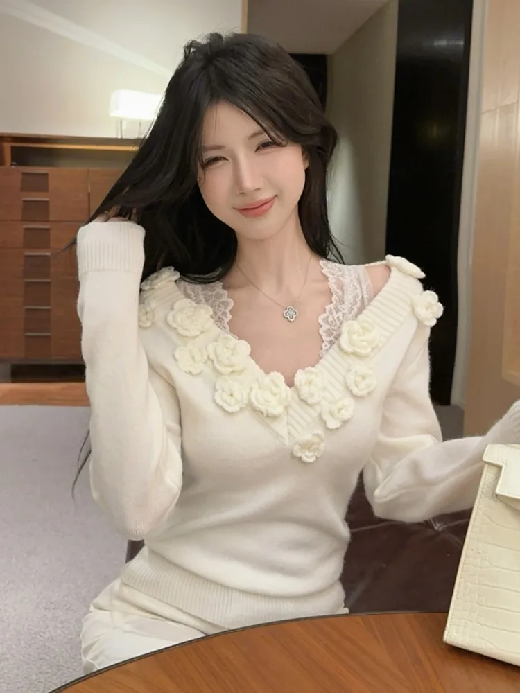 Suéter de Punto Blanco con Flores 3D, Estilo Otoño Invierno, Nuevo Estilo Pure Desire, Chaleco de Encaje para Chicas Atrevidas, Prenda de Punto Moderna para Mujer