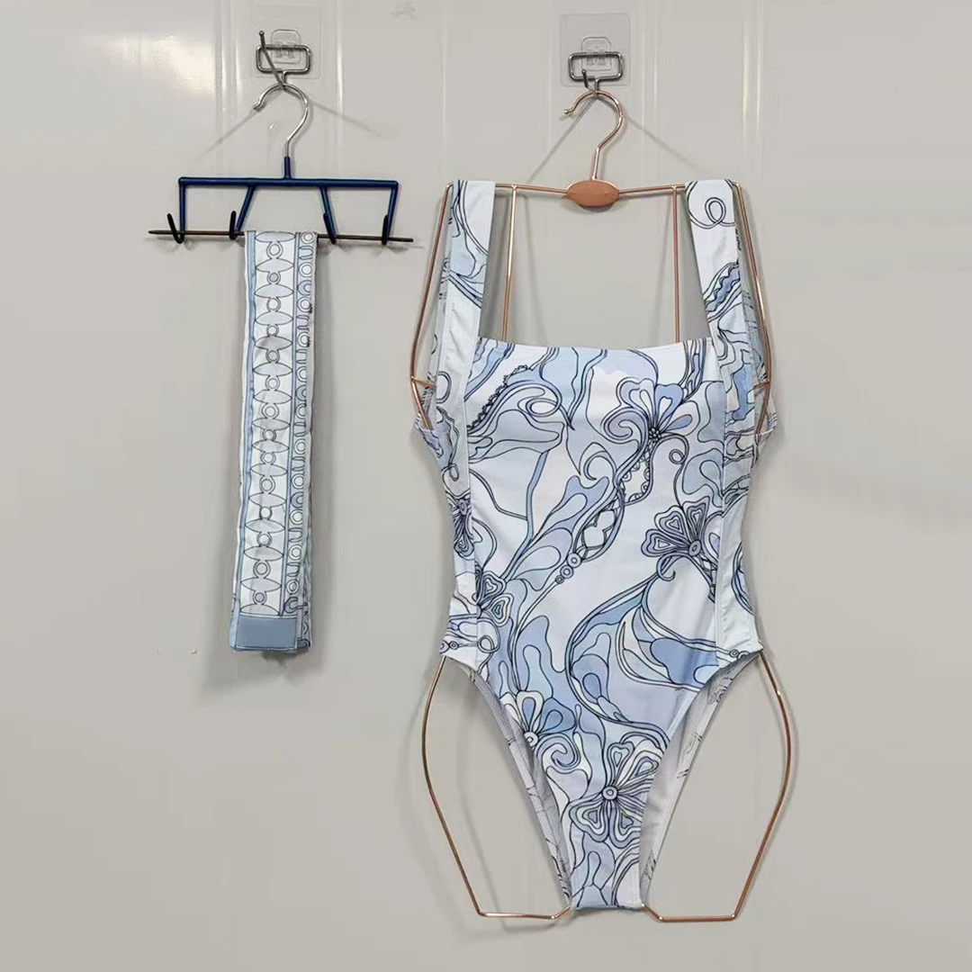 Classic Design Women's Ribbon Scarf Swimsuits with Designer Signature Letter Logo Luxury Brand Scarf One-Piece Suits Swimwear