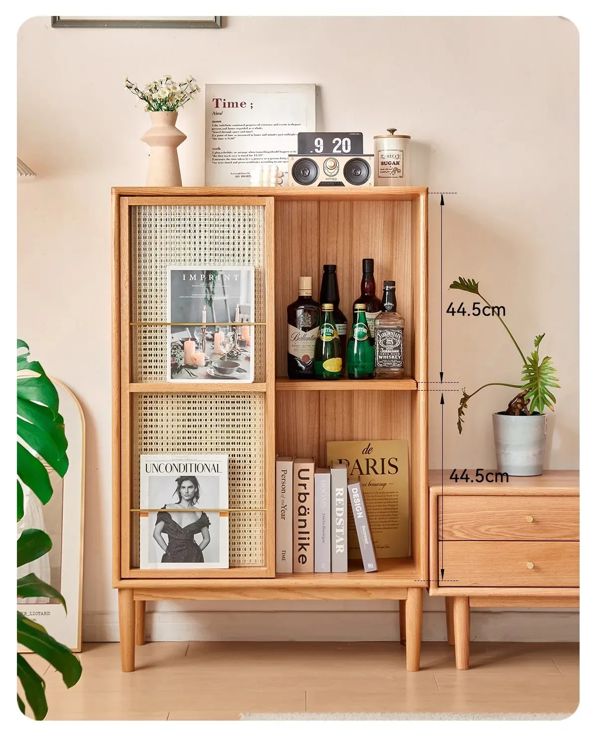 Solid wood side cabinet Rattan storage cabinet Living room glass door cabinet next to sofa
