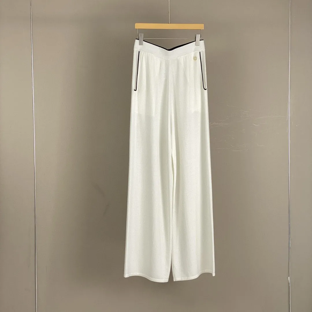 2025 ربيع/صيف جديد الحرير القطن المخلوطة كل مباراة محبوك هوديي أعلى عارضة مستقيم واسعة الساق السراويل دعوى