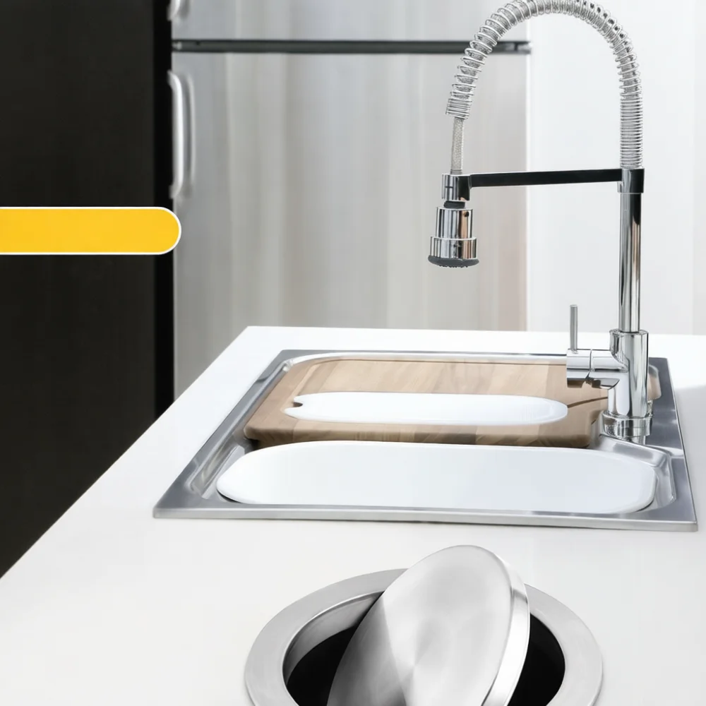 Professional Kitchen Countertop Trash Lid Stainless Steel Swing Flap Garbage Bin Cover Built In Waste Storage Entry