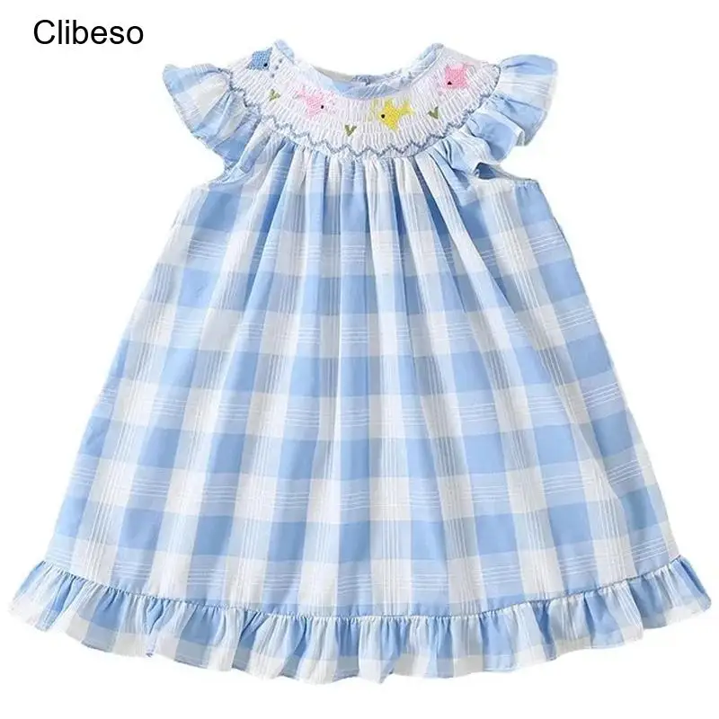 Clibeso Kids Spanish Pink Dress Girls Hand Made Smocking Blue Clothes Animal Cartoon Summer Baby Smocked Embrodiery Dresses Girl