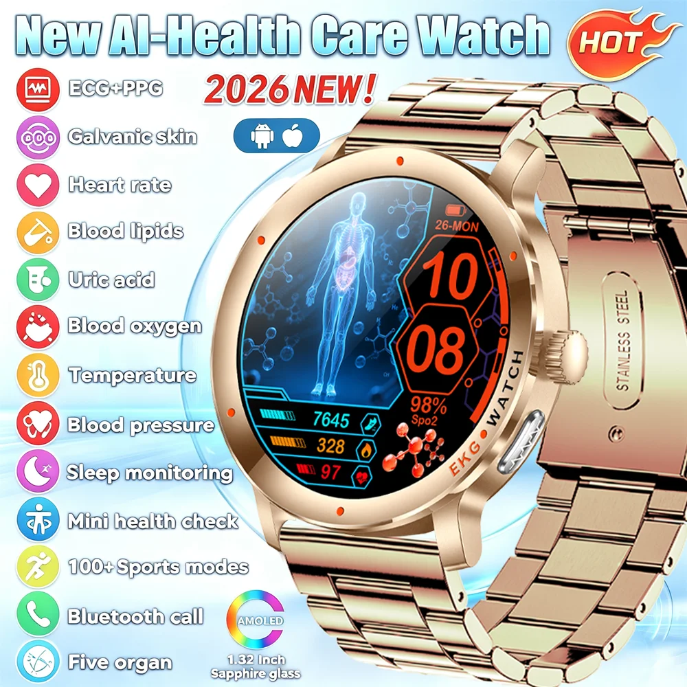 2026년형 최신 AI 진단 기능 스마트워치: ECG+PPG, 정확한 요산 및 혈압 측정, 체지방 측정, 5가지 기관 건강 관리, 방수 기능