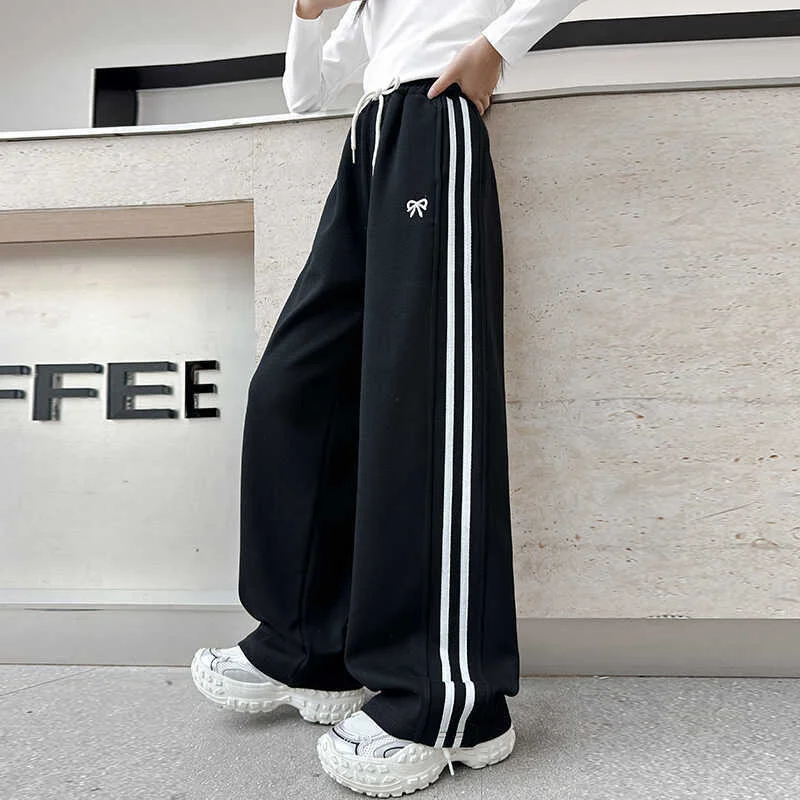 1444 Girl Sports Pants Teenager Spring Wide-leg Casual Trousers 2026 New Children's Straight Loose Pants Kids Autumn Clothing