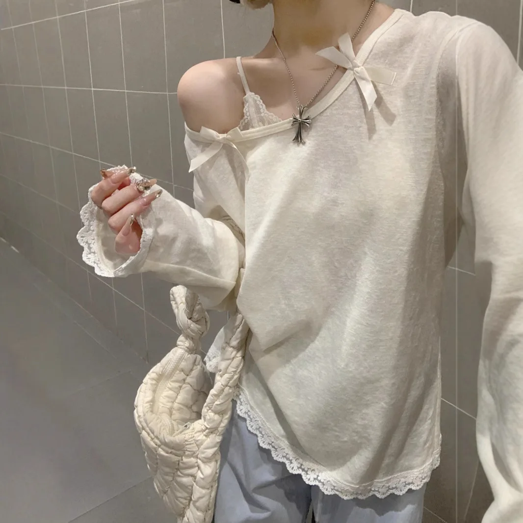 

Высокое качество, хит продаж, оптовая продажа, косой воротник, бант, с длинными рукавами, солнцезащитная футболка, кружевная лоскутная рубашка Topspring, женская рубашка