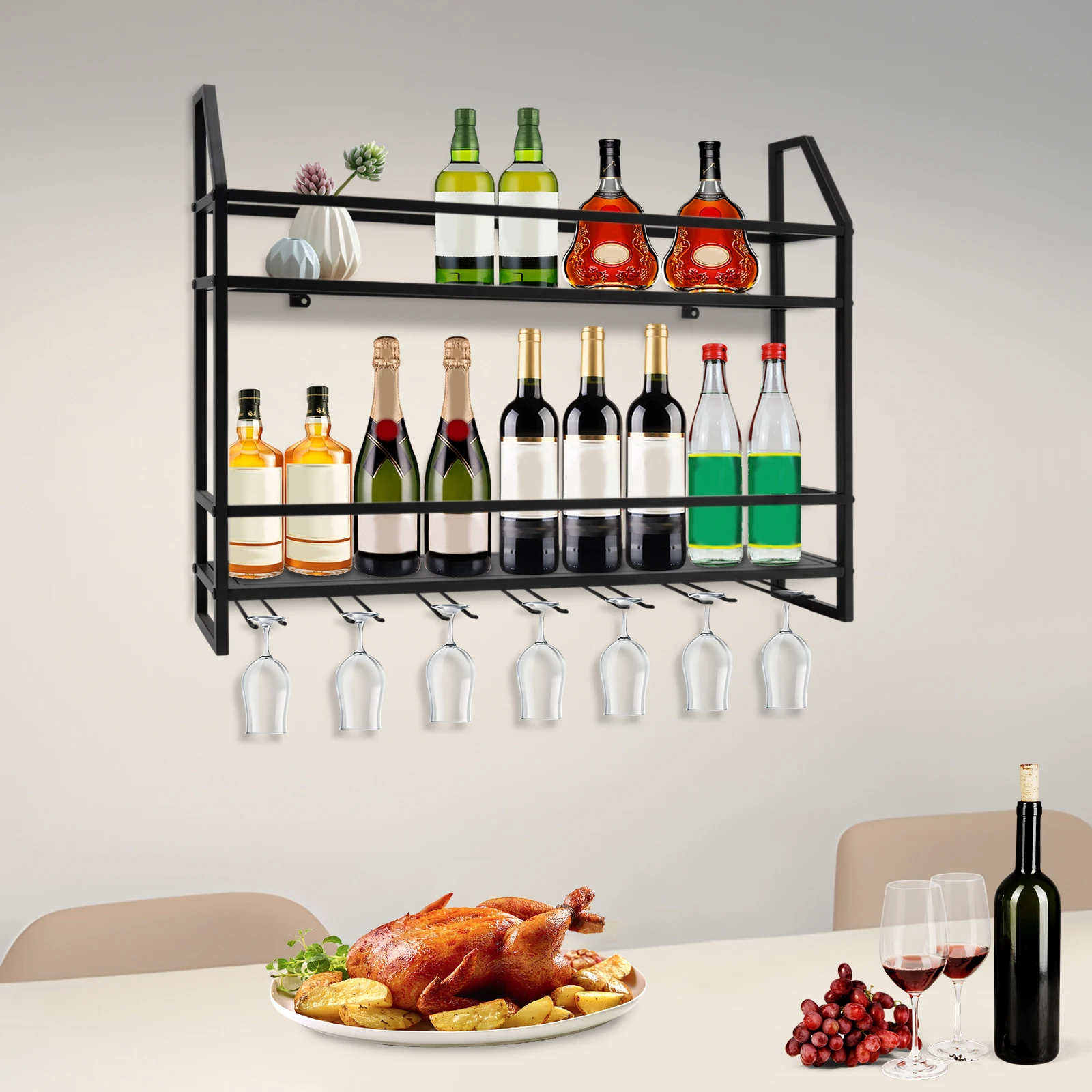 Double-layer Wine Rack Wall-Mounted Glass Holder Shelf Organizer Shelves Storage 7 Glasses Hook Hanging for Kitchen Restaurant