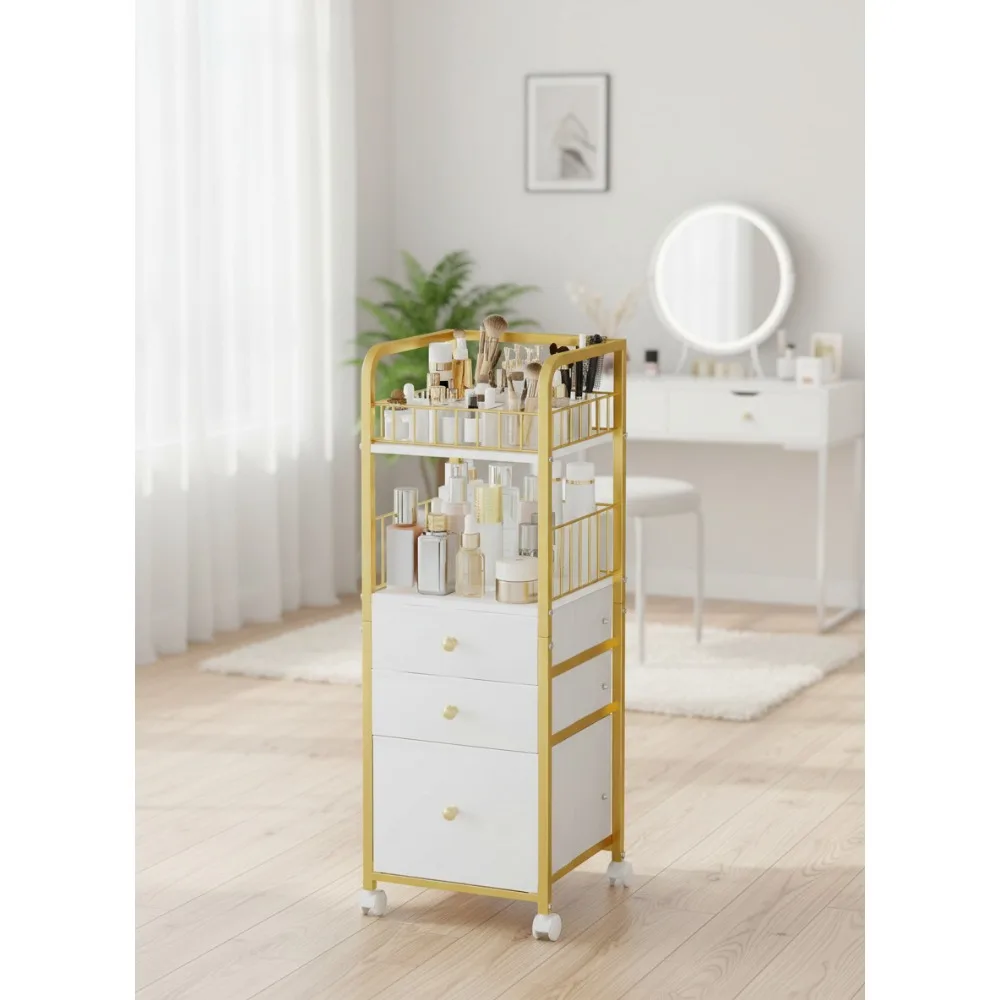 3-Drawer Makeup Organizer Cart with Jewelry Storage, Large Vanity Organizer for Cosmetics Skin Care Perfume Brushes Gold