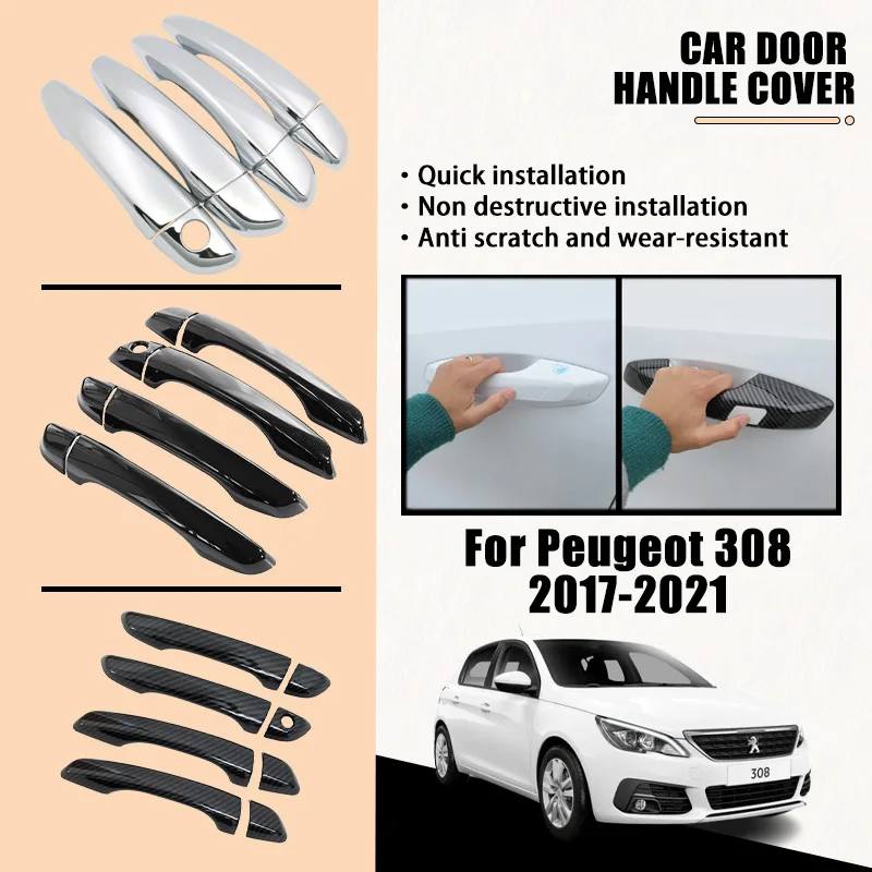 Door Handle Covers For Peugeot 308 T9 MK2 2017-2021 2018 2019 2020 Carbon Fiber Chrome Car Accessories Catch Rustproof Stickers