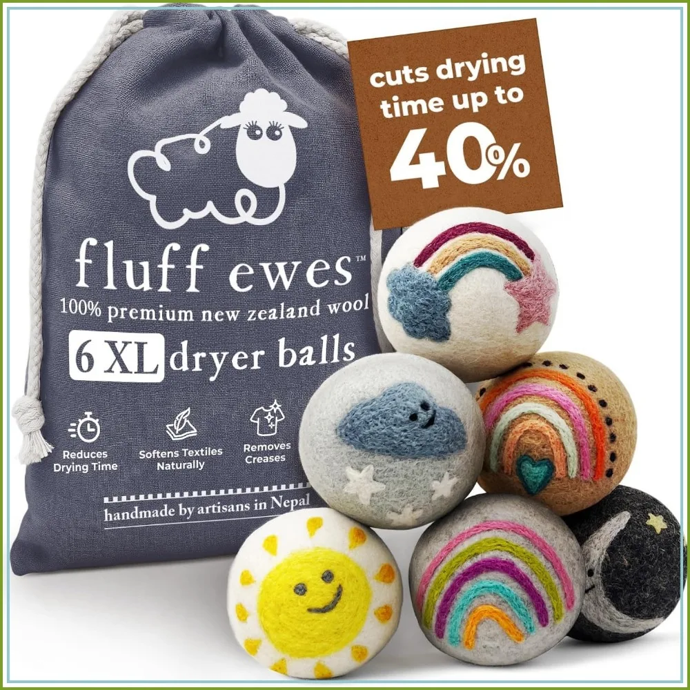 XL Wool Dryer Balls 6 Pack - Rainbow - Reduces Drying Time, Static Control, Chemical Free, Reusable 1000+ Loads